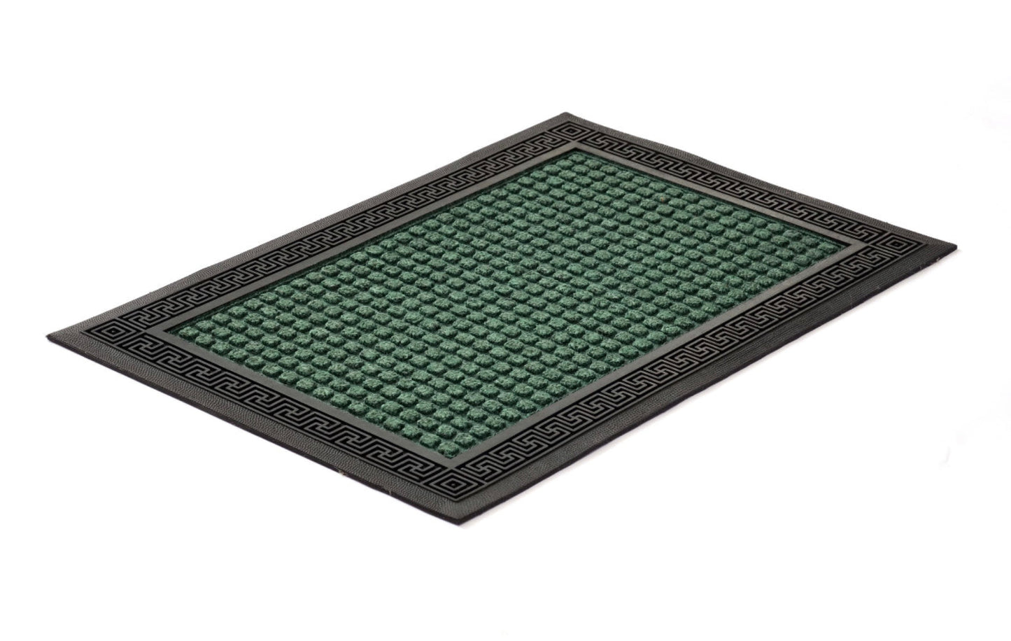 Green doormat with black border on a white background