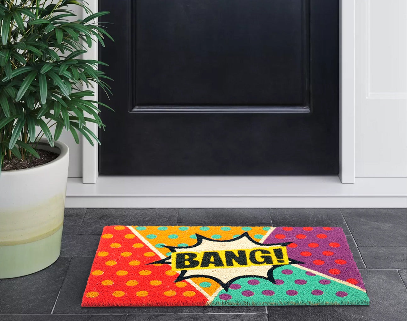 OnlyMat BANG Pop Art Fun Design Printed Polka Natural Coir Door Mat