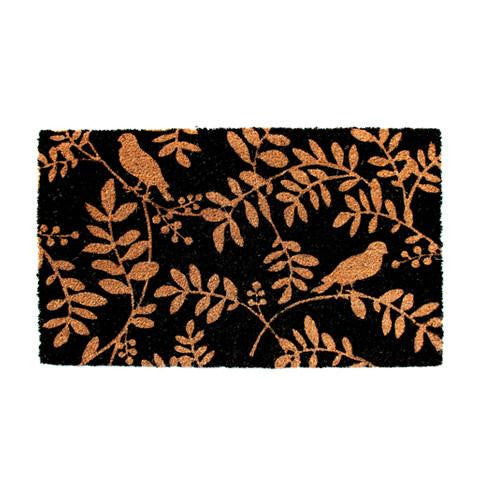 Elegant Leaf & Bird Design Printed Black Natural Door Floor Mat - OnlyMat