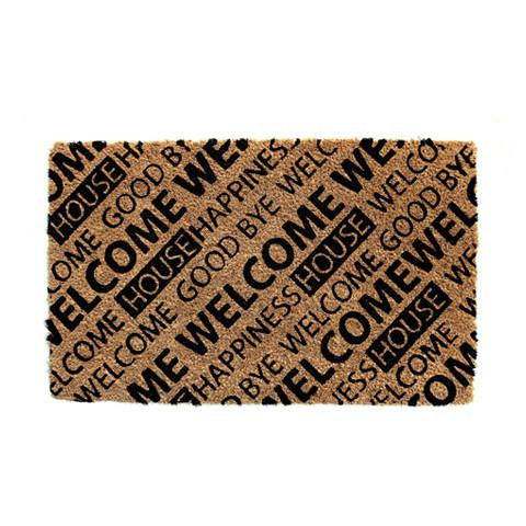 Rectangular coir floor mat with black   Welcome printed design on a coir surface, with an anti-slip backing