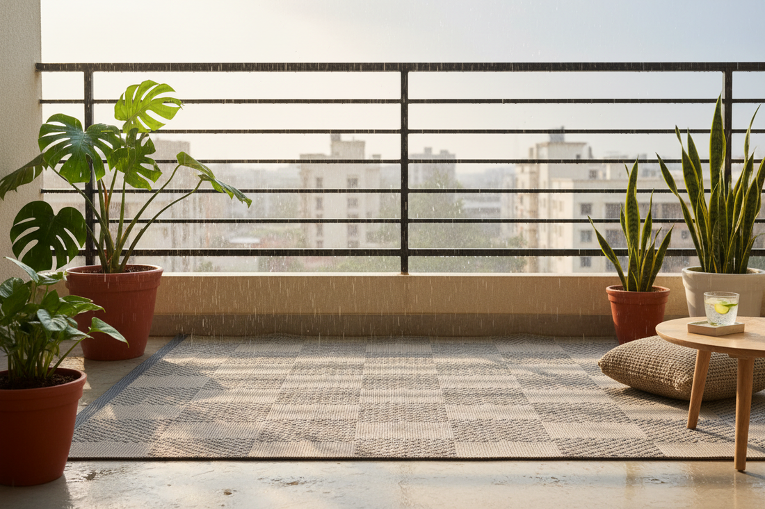 Polypropylene outdoor mat on an Indian apartment balcony with monsoon rain in the background