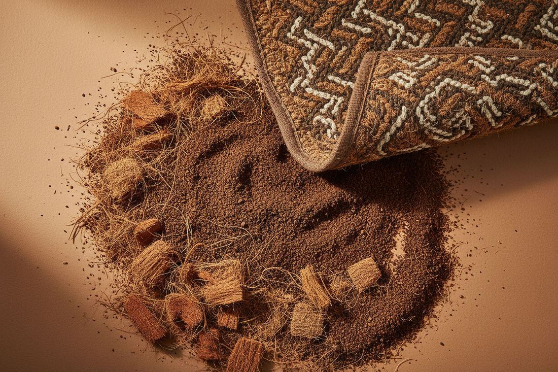 Raw cocopeat granules and natural coir fibers from coconut husks, showcasing sustainable coconut-derived materials used in gardening and home products