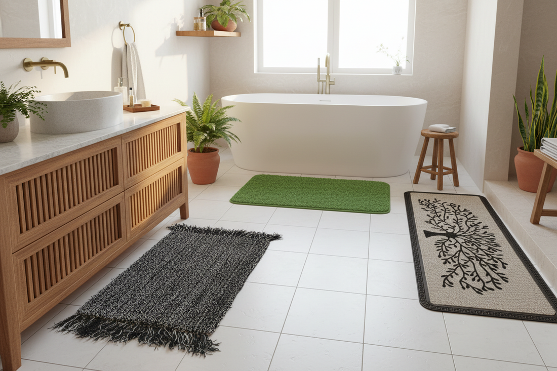 Designer bath mats styled in a modern Indian bathroom — OnlyMat