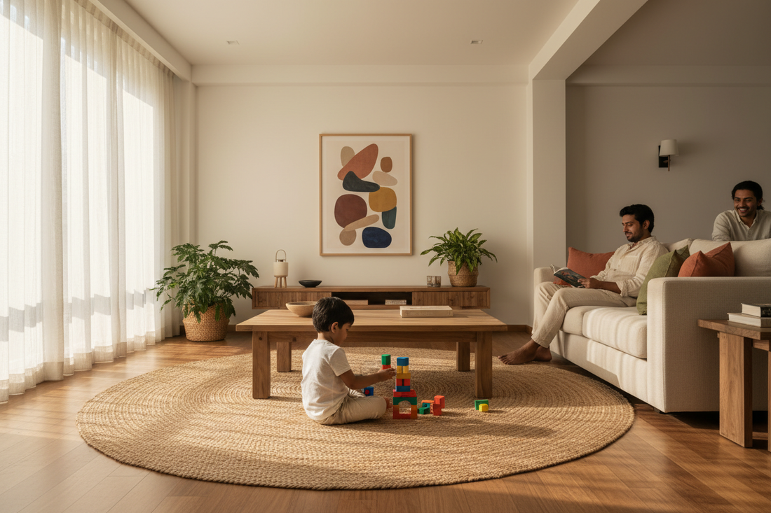 Natural jute rug in a modern Indian living room with family