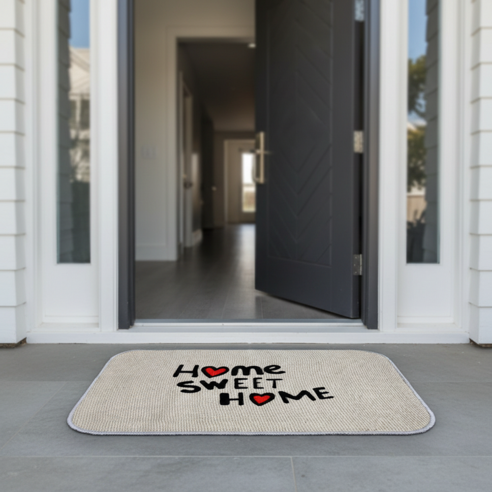 Beige doormat with 'Home Sweet Home' text on a gray floor outside a house.