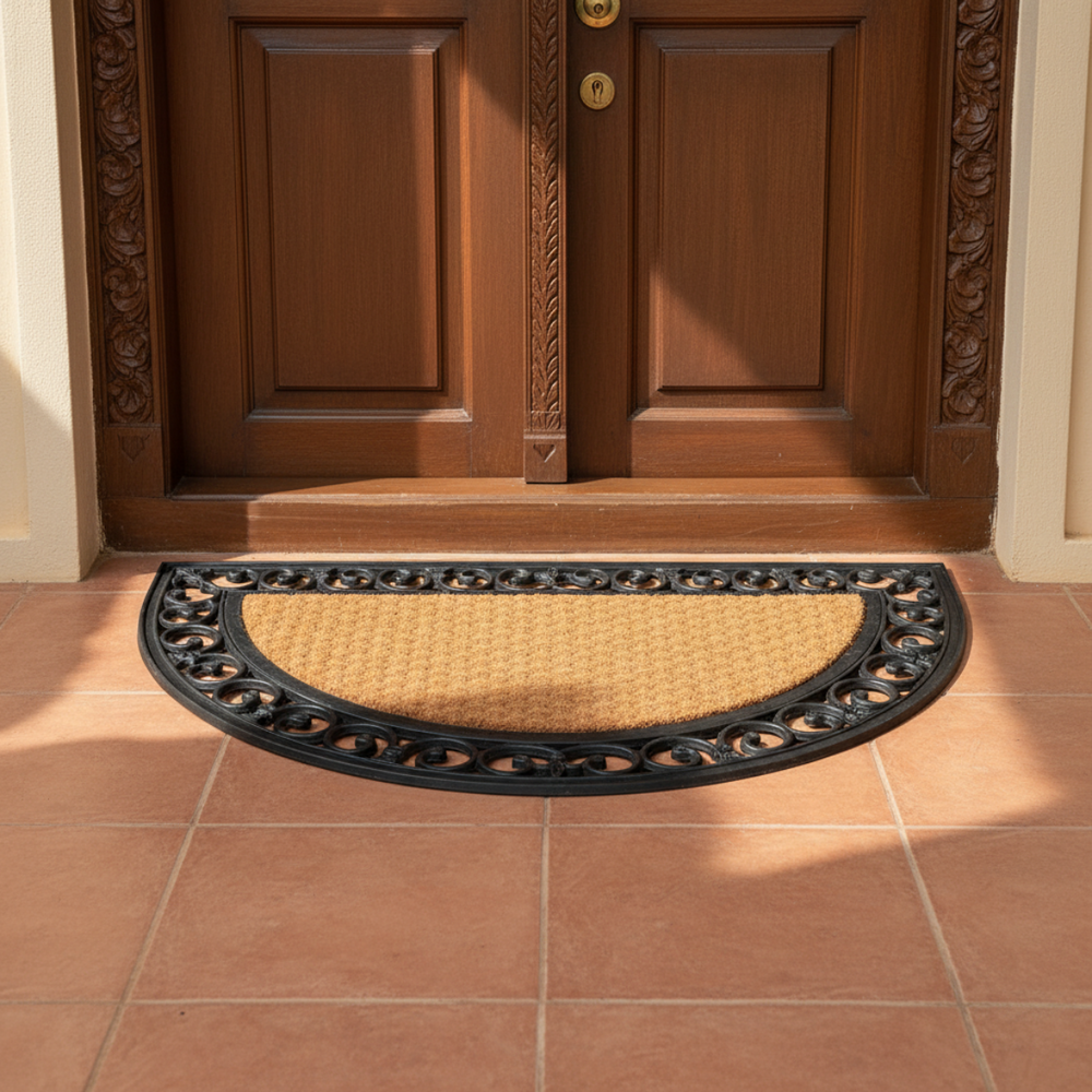 Half-circle coco rubber doormat with decorative border on a tiled floor in front of a wooden door.
