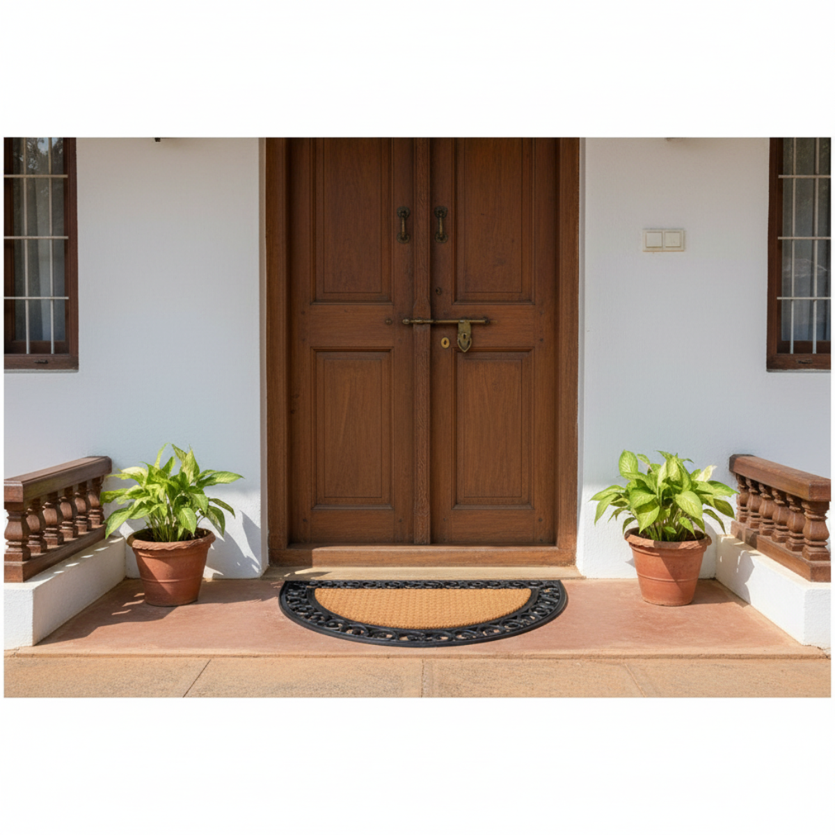 Wooden front door with a plain coco rubber doormat, flanked by two potted plants on a white wall background.