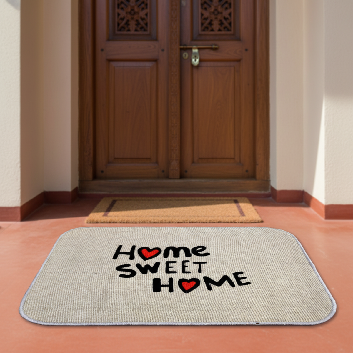 Doormat with 'Home Sweet Home' text on a wooden floor in front of a door.