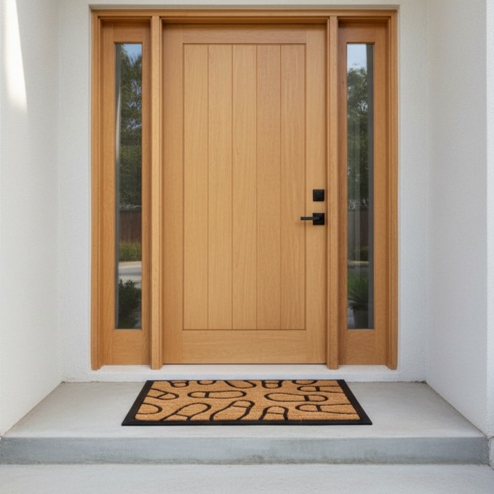 Wooden front door with glass panels on a white house exterior.