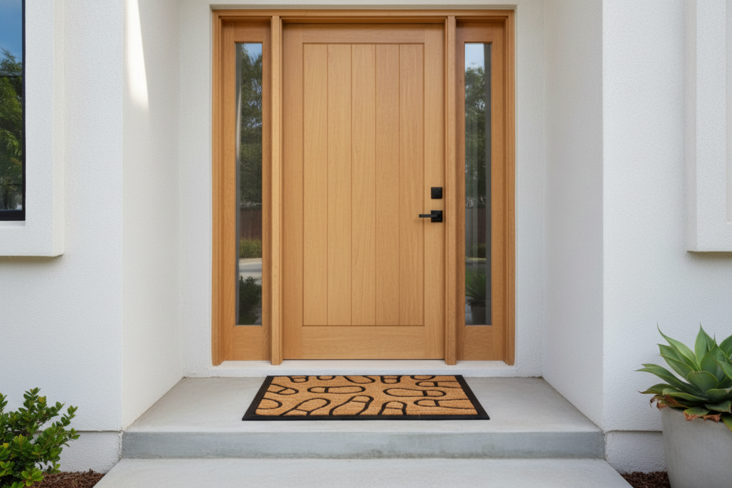 Wooden front door with glass panels on a white house exterior.
