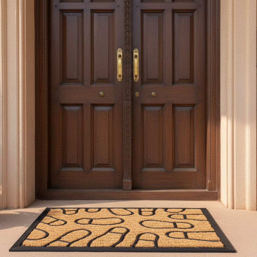 Wooden door with a doormat in front of a building entrance