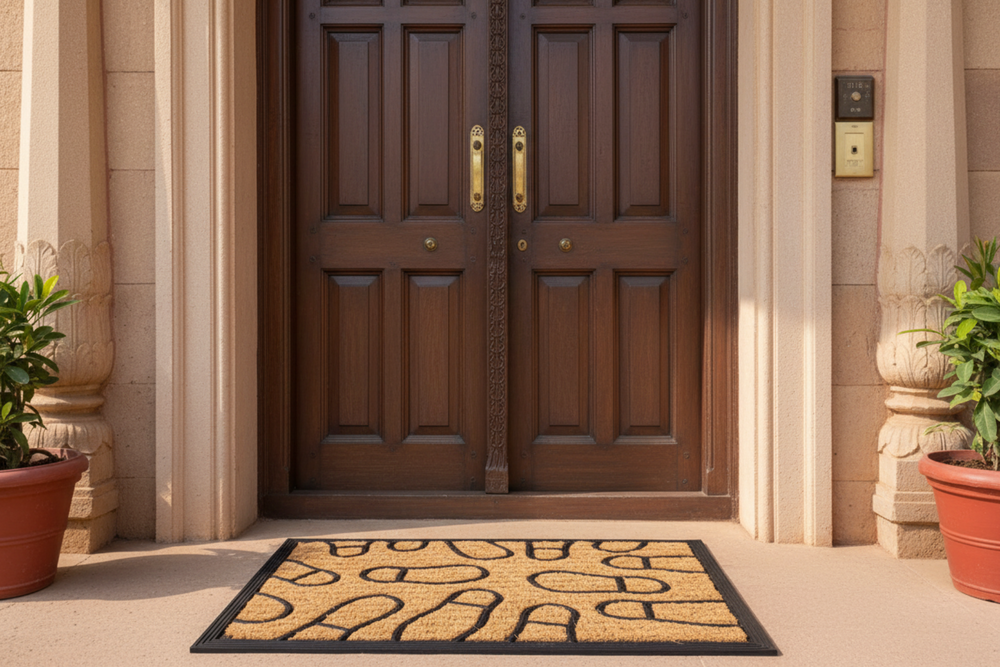 Wooden door with a doormat in front of a building entrance