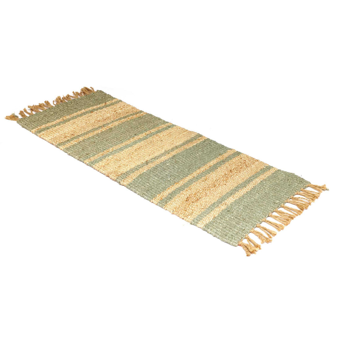 Green and beige striped rug with tassels on a white background