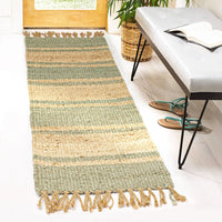 Pasha Luxe Rug - Handwoven Organic Jute - Flat weave with Fringes - Natural and Pastel Green - Runner Carpet
