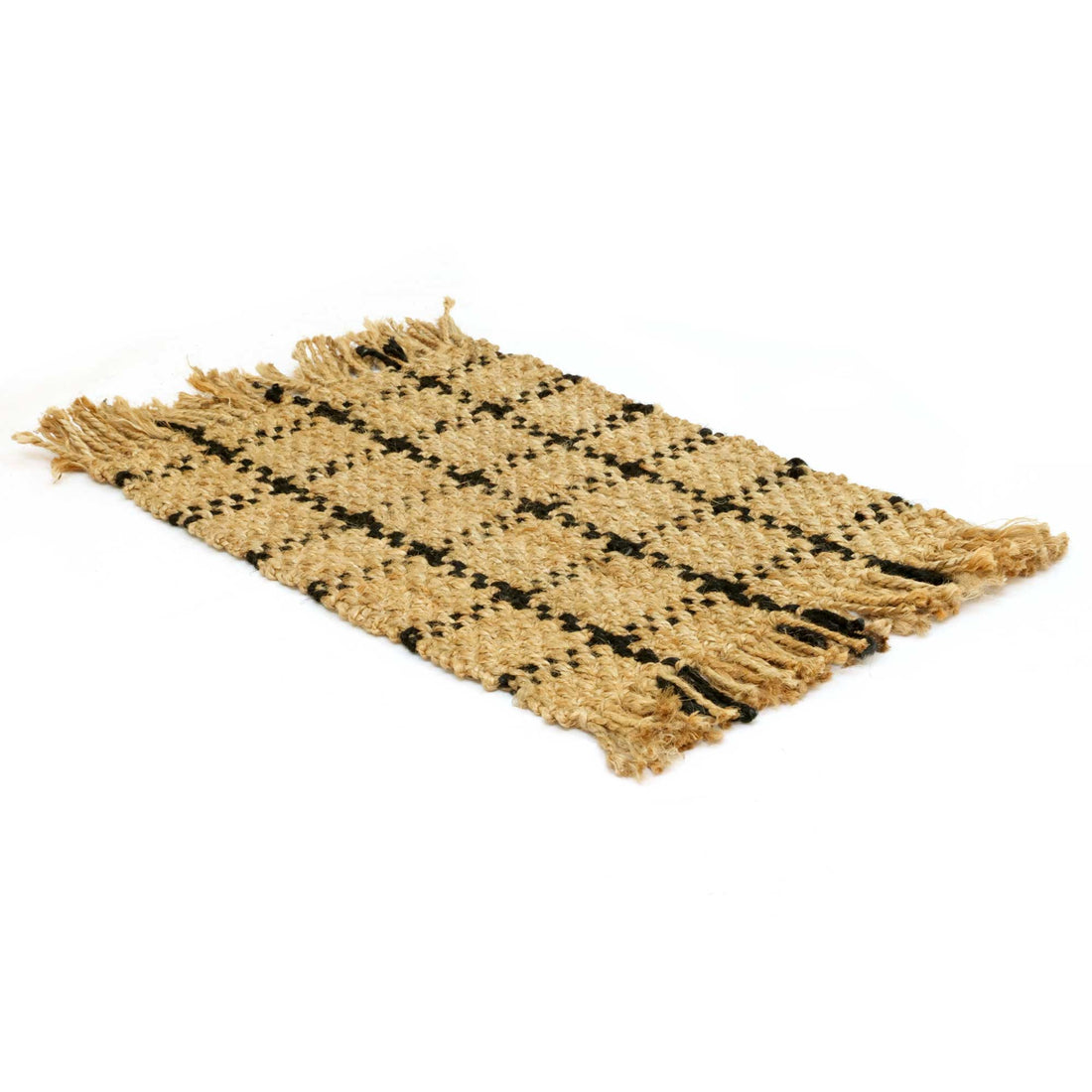 Woven mat with black pattern on a white background