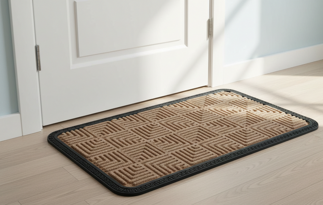 
                      
                        Doormat with geometric pattern on a wooden floor in front of a white door.
                      
                    
