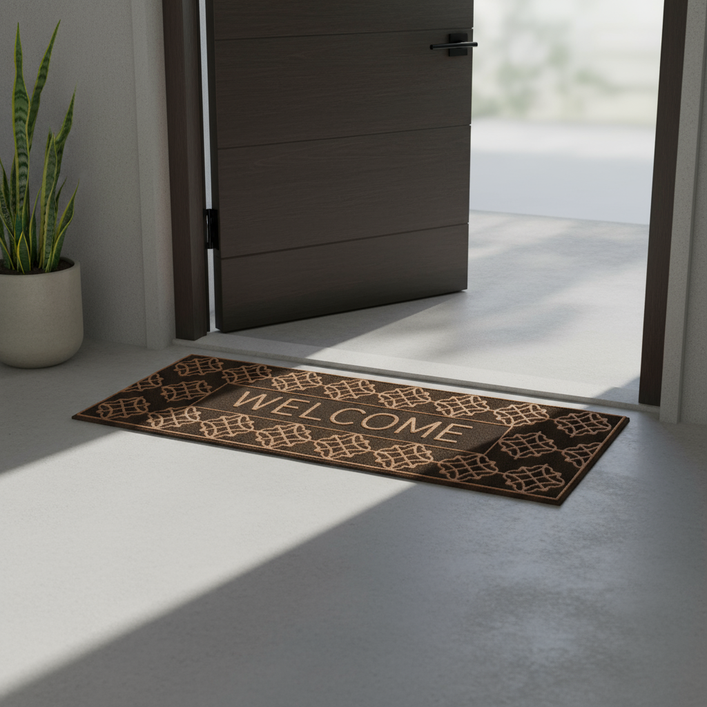 Rubber Doormat with 'Welcome' text on a grey floor in front of a door.