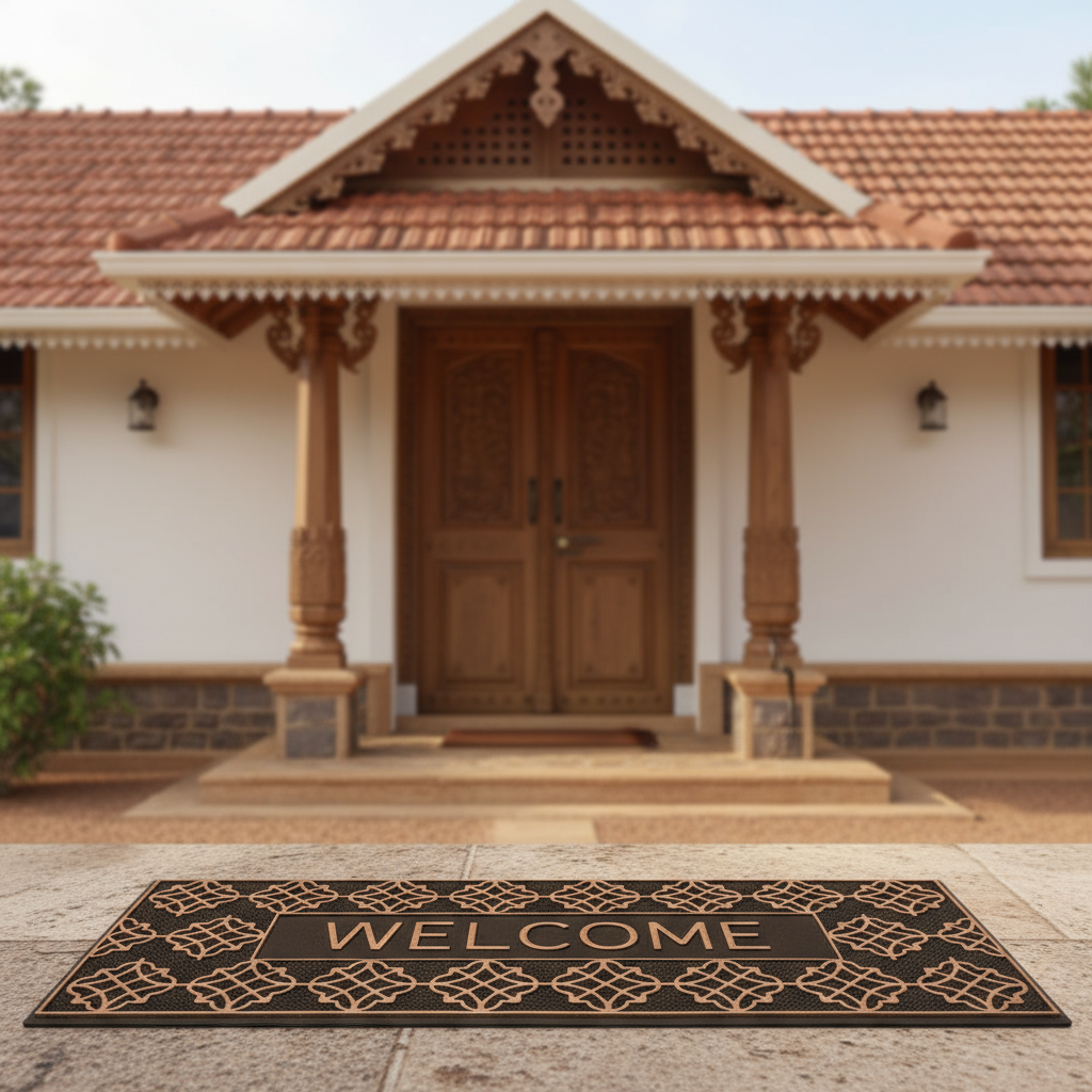 Front door of a house with a Rubber 'Welcome' doormat in the foreground