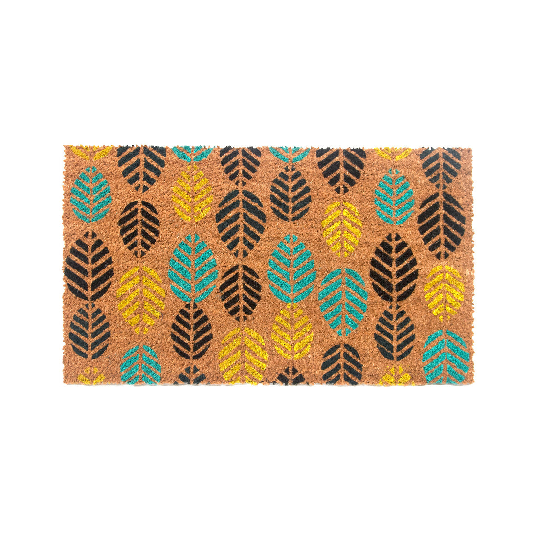 A rectangular natural coir floor mat with a colorful leaf design printed on it.