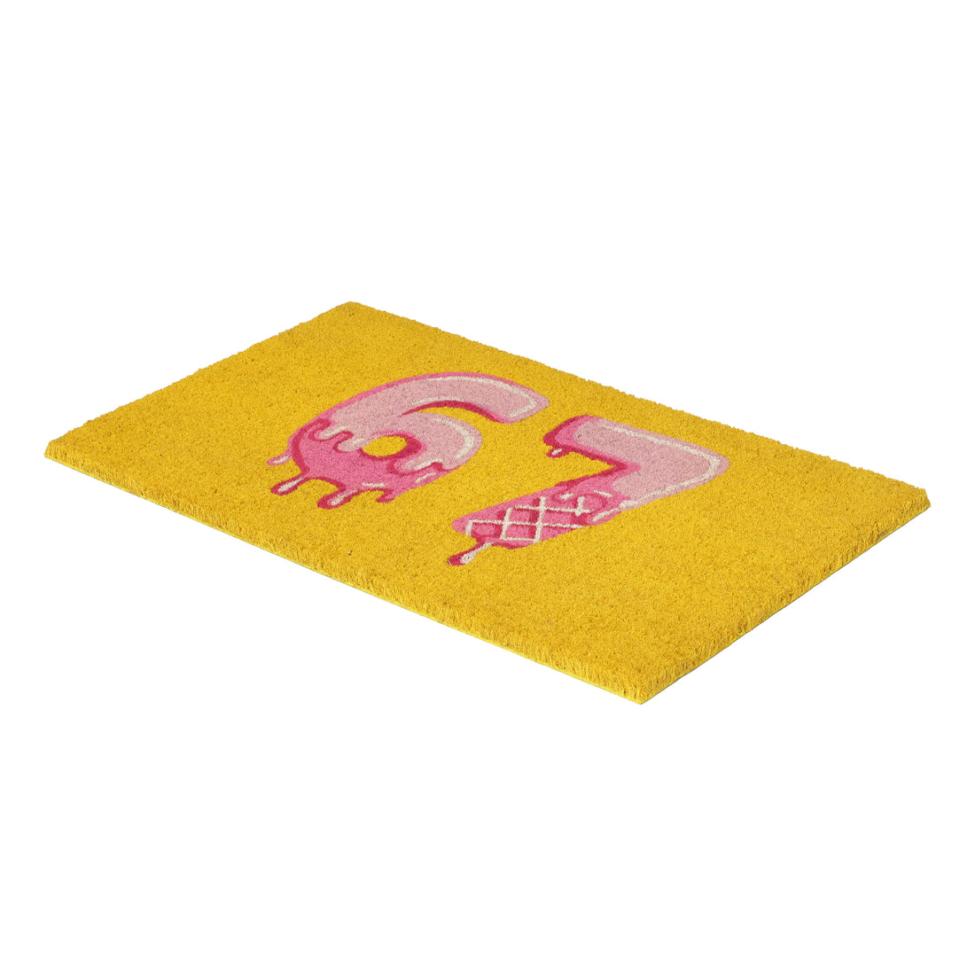 
                      
                        A yellow rectangular doormat with a pink melting donut and ice cream cone design, shown at an angle on a white background.
                      
                    