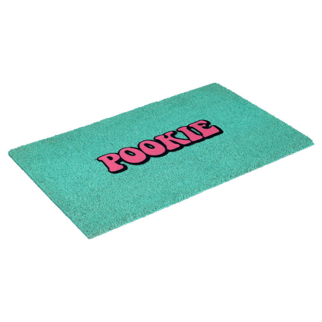 
                      
                        A rectangular teal doormat with the word 'POOKIE' in pink bubble letters outlined in black, shown on a plain white background.
                      
                    