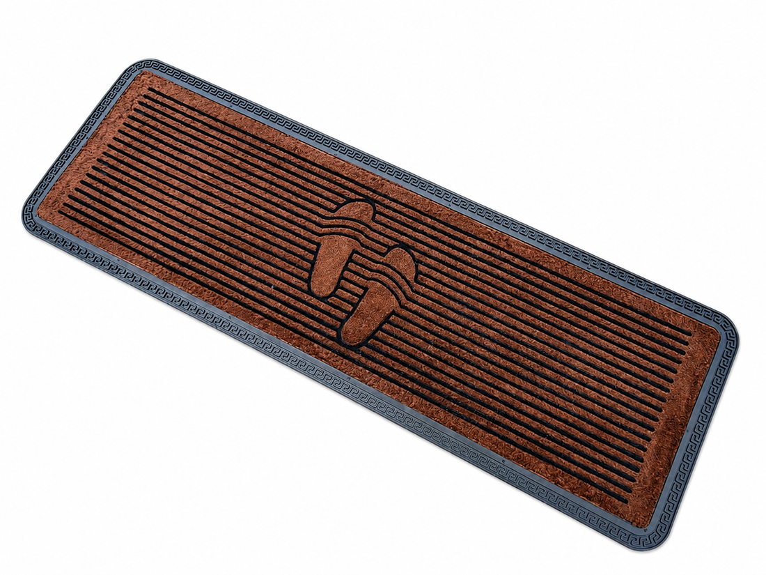 Rectangular doormat with a textured brown surface and a black border on a white background