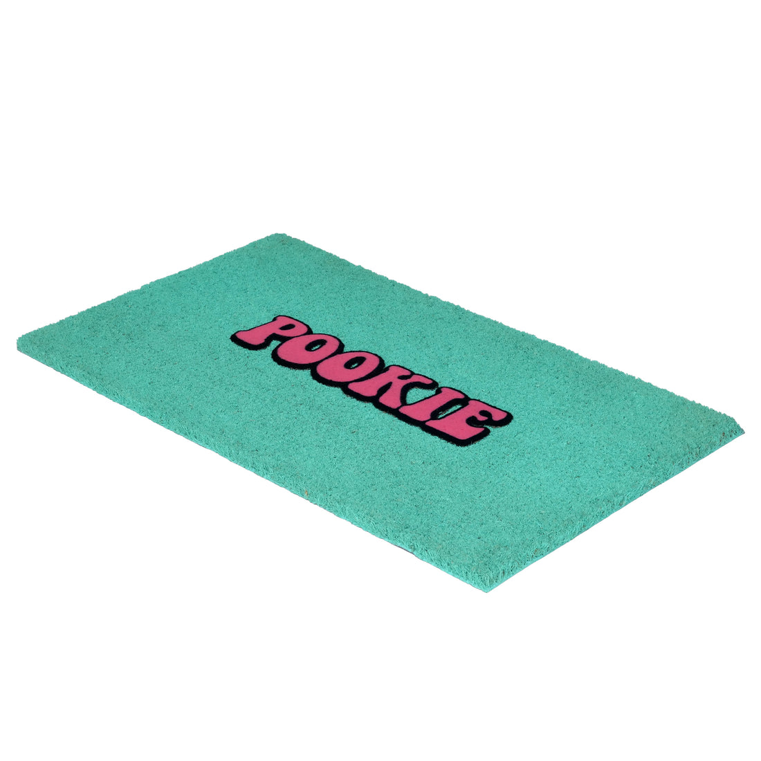 
                      
                        A rectangular teal doormat with the word 'POOKLE' in bold pink letters outlined in black, shown on a plain white background.
                      
                    