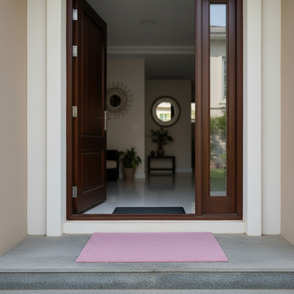 Front entrance of a house with a pink doormat and a view into the interior.