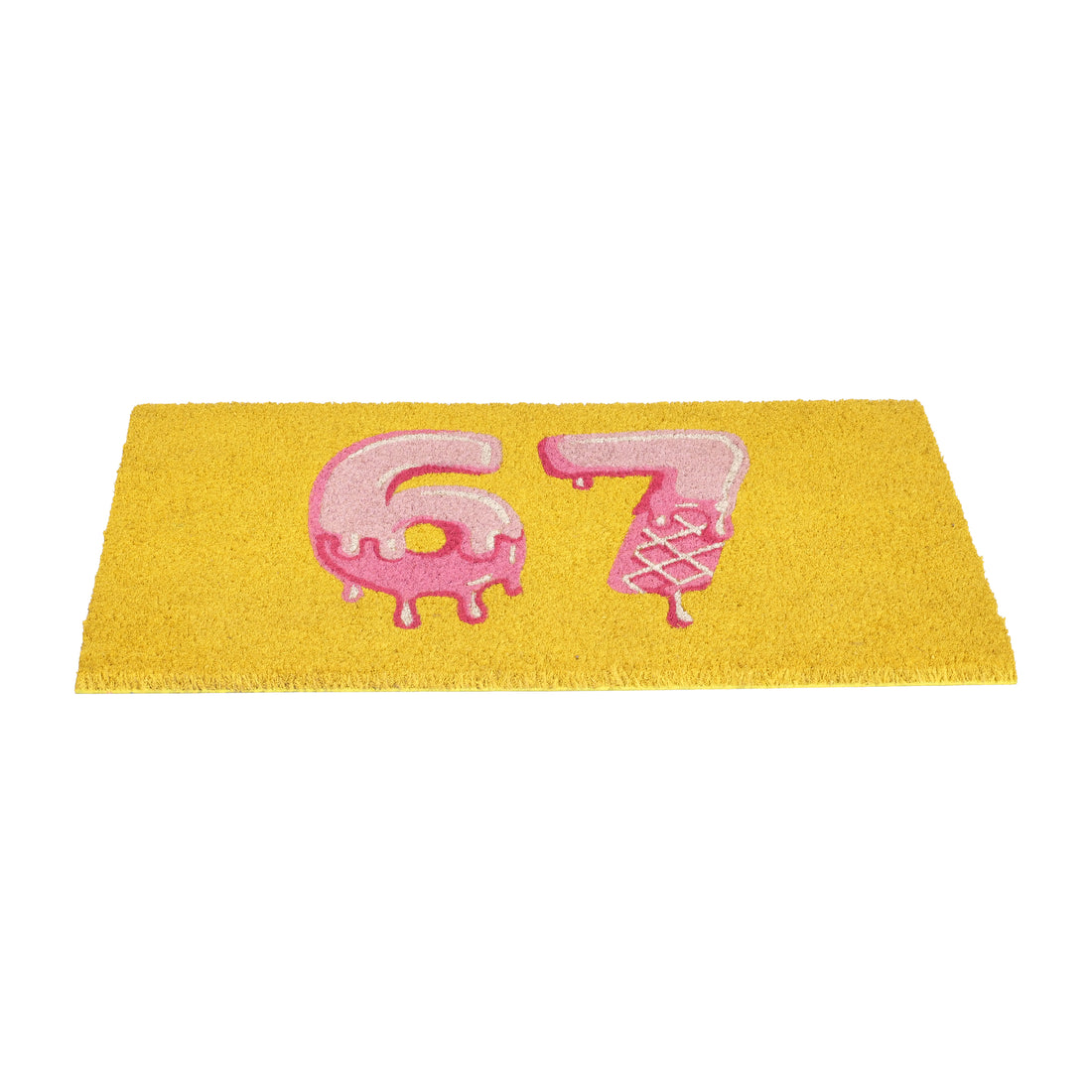 
                      
                        A yellow rectangular doormat featuring the numbers '67' in a dripping pink frosting or ice cream style, shown on a plain white background.
                      
                    