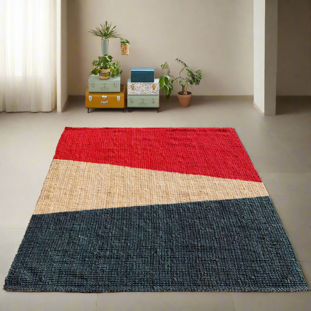 OnlyMat Designer Handwoven Jute Luxe Carpet with Red, Black and Bleach Pattern