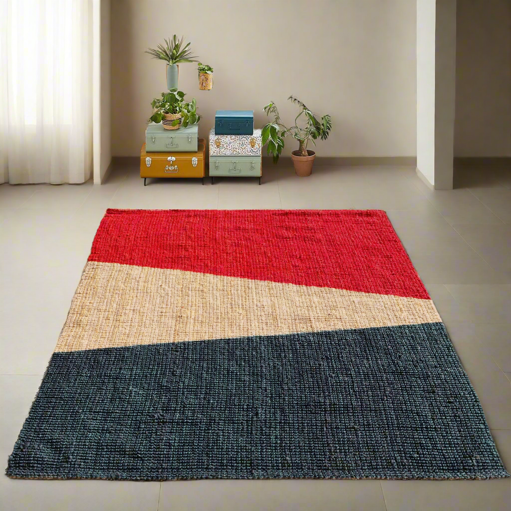 OnlyMat Designer Handwoven Jute Luxe Carpet with Red, Black and Bleach Pattern