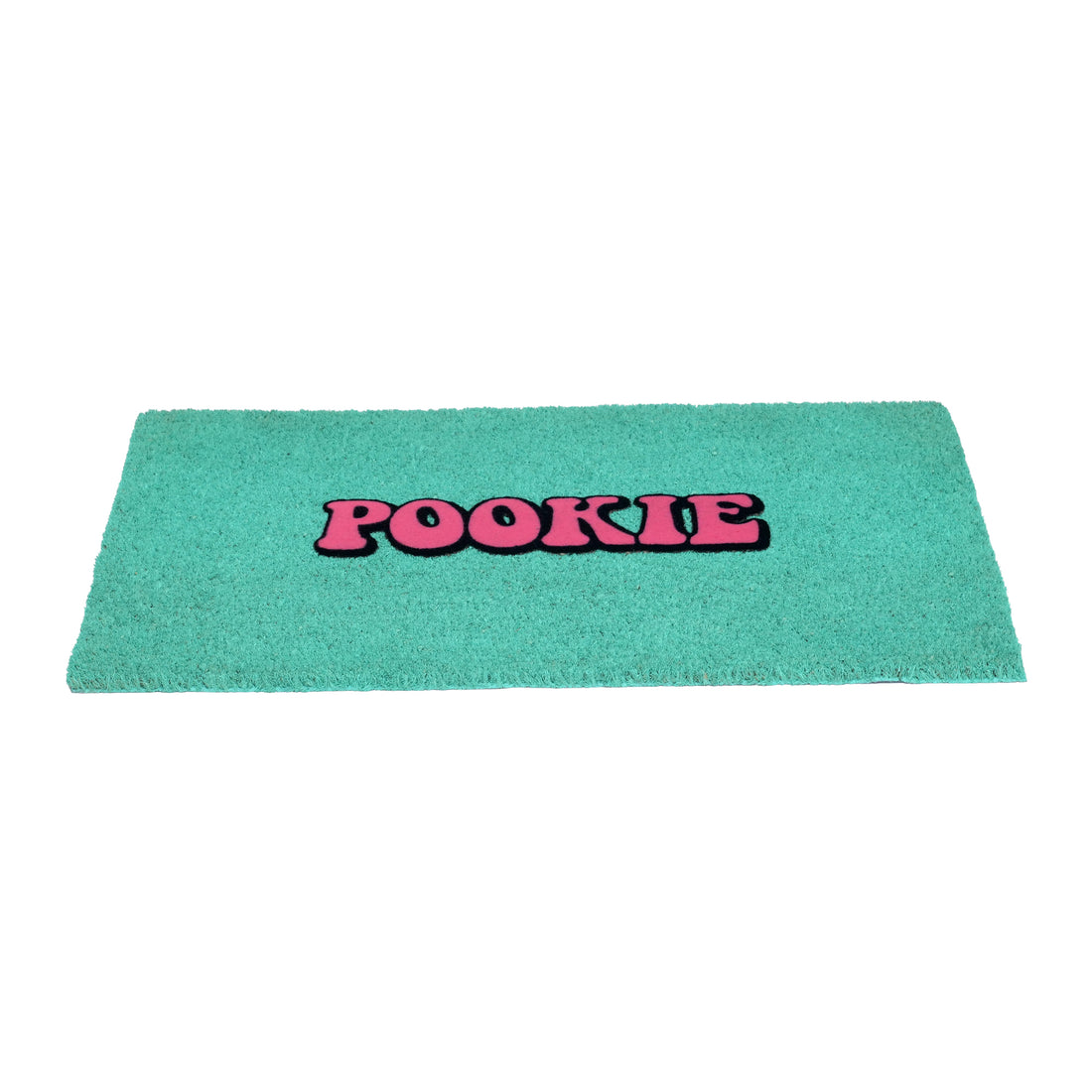 
                      
                        A rectangular teal coir doormat with the word 'POOKIE' printed across the center in pink letters with a black outline, shown on a plain white background.
                      
                    