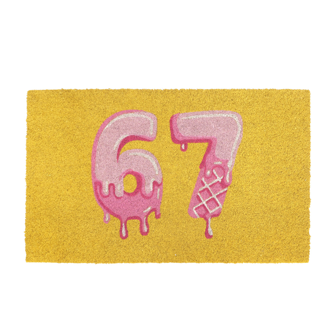 A rectangular yellow doormat featuring the numbers '67' in a pink dripping icing style, shown against a plain white background.
