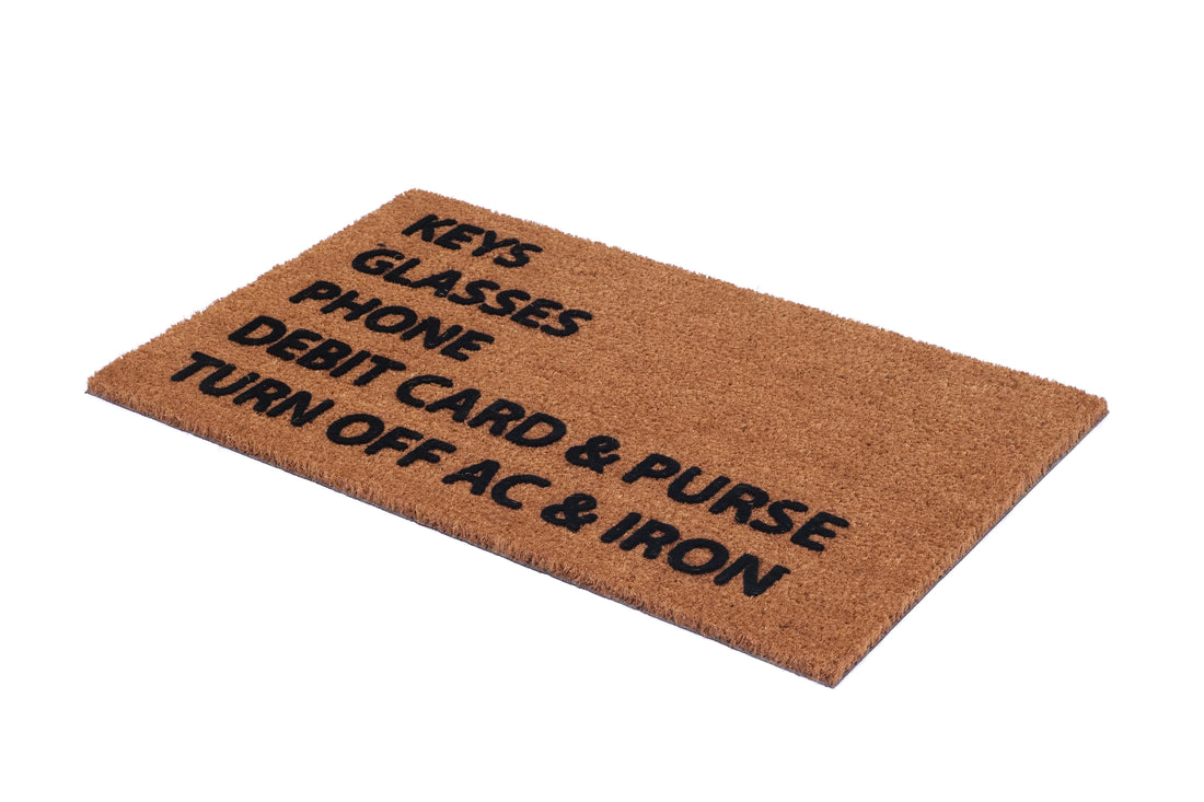 OnlyMat Reminder Checklist Coir Doormat with Anti-Slip Backing – "Keys, Glasses, Phone..."
