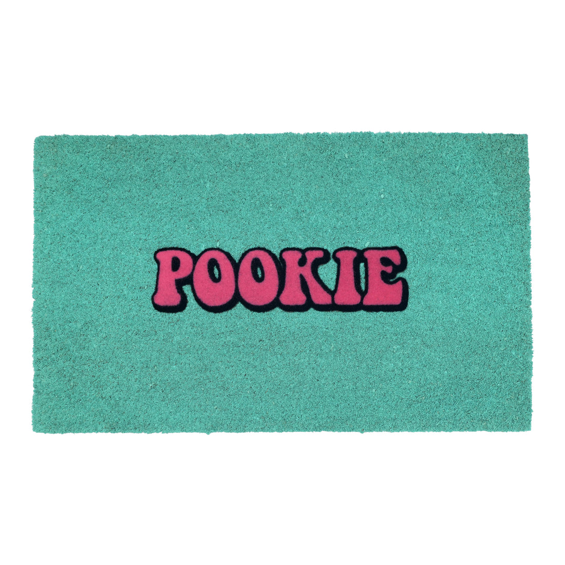
                      
                        A rectangular teal doormat with the word 'POOKIE' in bold pink letters outlined in black across the center, shown on a plain white background.
                      
                    