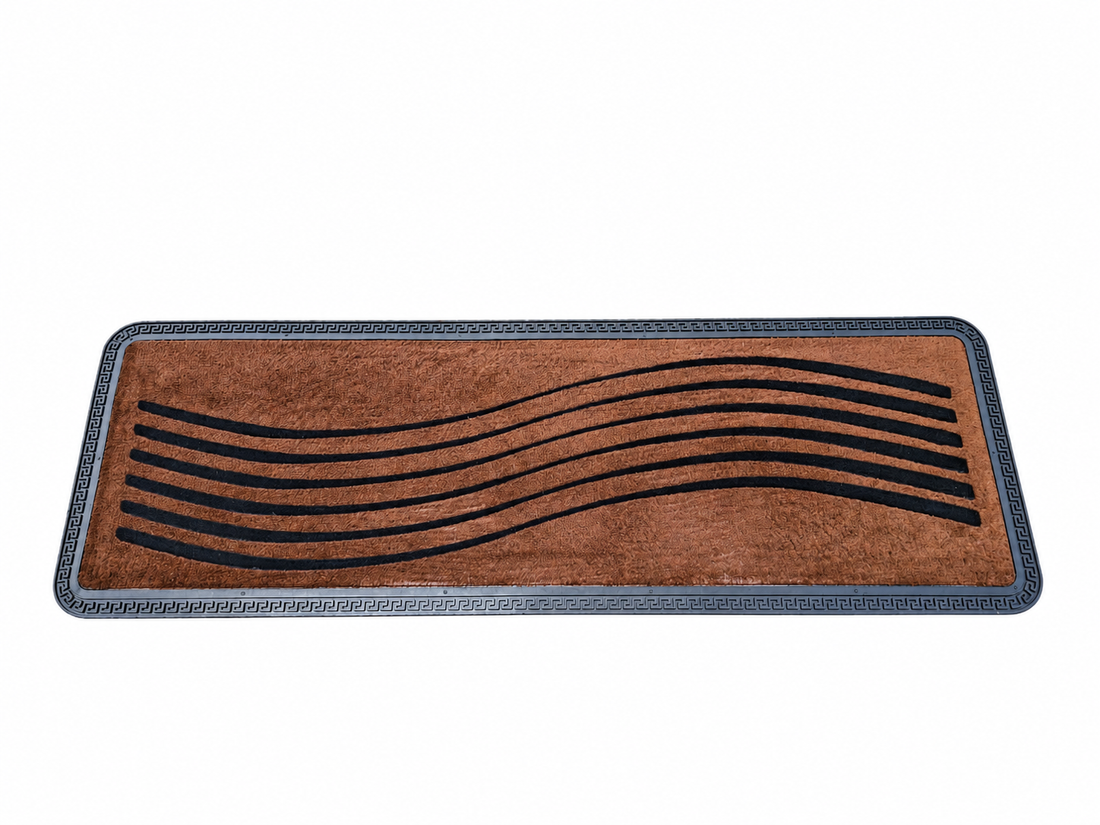 Brown doormat with black wavy lines on a white background