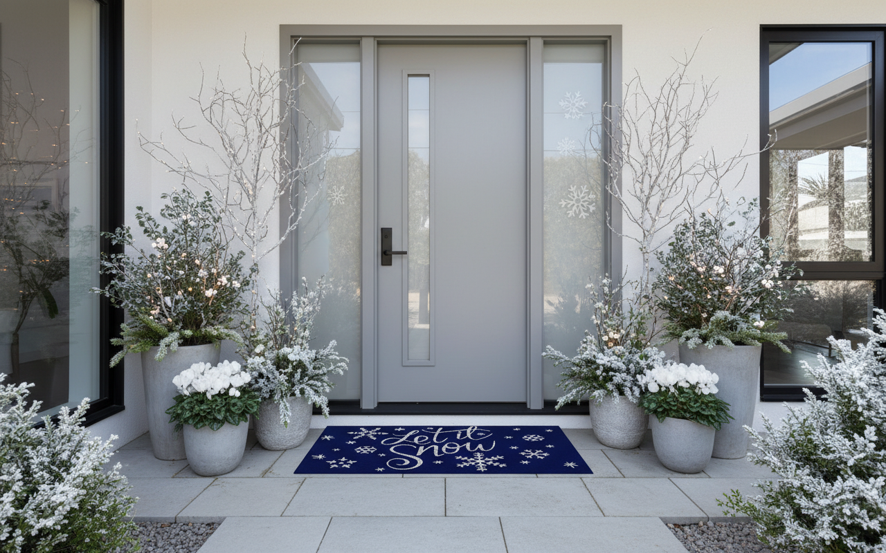 Front door of a house with decorative plants and a 'Let it Snow' coir doormat.
