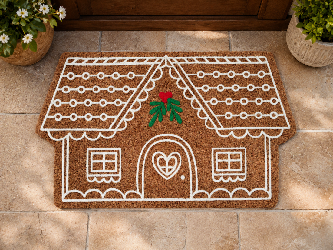 Gingerbread house doormat on a stone floor