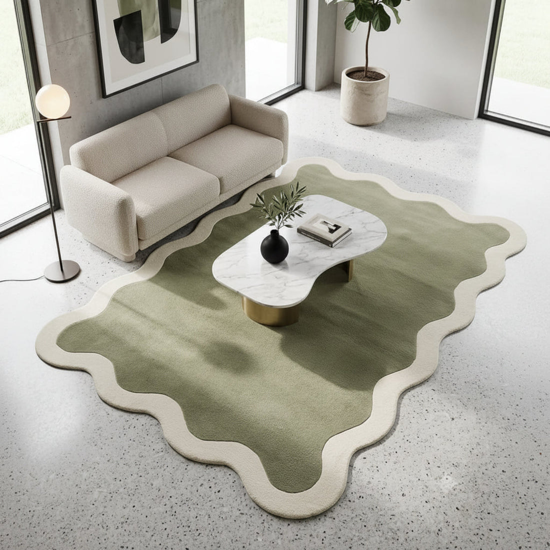 Modern living room with a green rug, beige sofa, and marble coffee table.