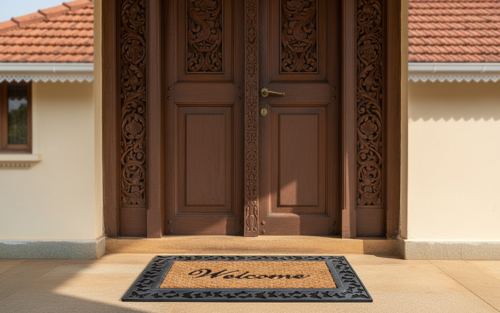 Decorative wooden door with intricate carvings and a Coco Rubber 'Welcome' mat in front of a house.