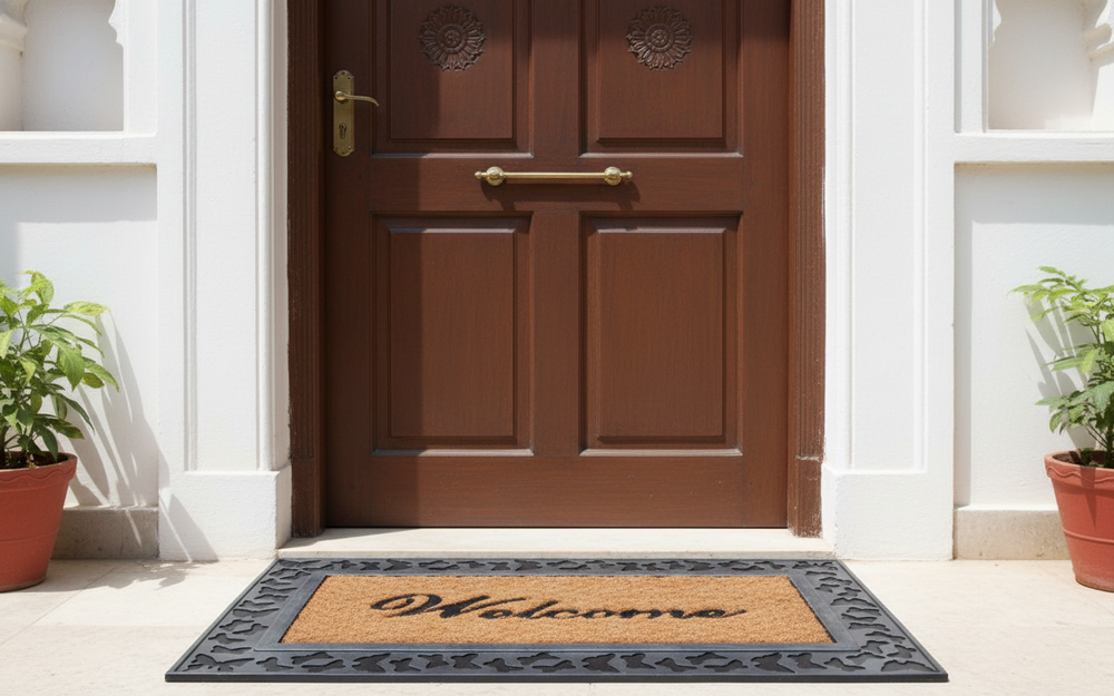 Brown door with gold handle and Coco Rubber 'Welcome' doormat in front