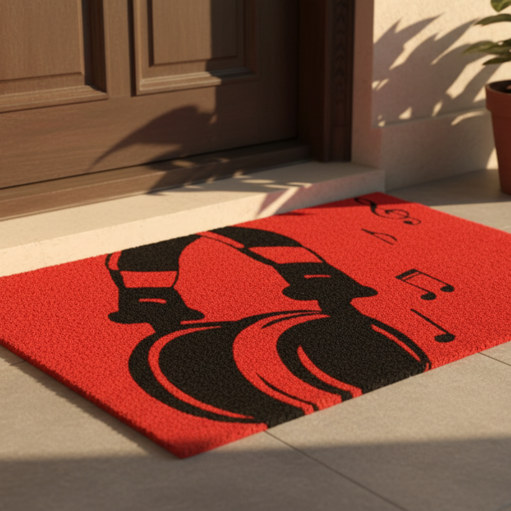 संगीत प्रेमियों के लिए स्टाइलिश हेडफ़ोन मुद्रित लाल रंग प्राकृतिक कॉयर फ़्लोर मैट