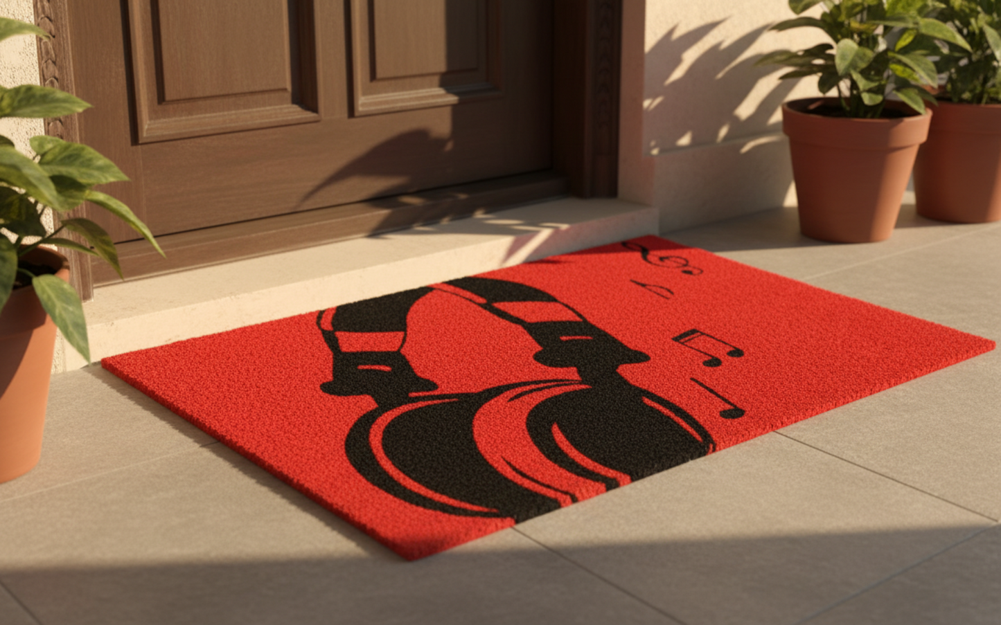 संगीत प्रेमियों के लिए स्टाइलिश हेडफ़ोन मुद्रित लाल रंग प्राकृतिक कॉयर फ़्लोर मैट