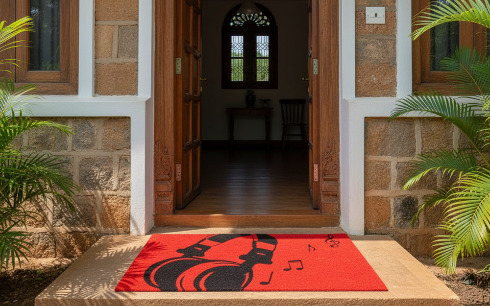 संगीत प्रेमियों के लिए स्टाइलिश हेडफ़ोन मुद्रित लाल रंग प्राकृतिक कॉयर फ़्लोर मैट