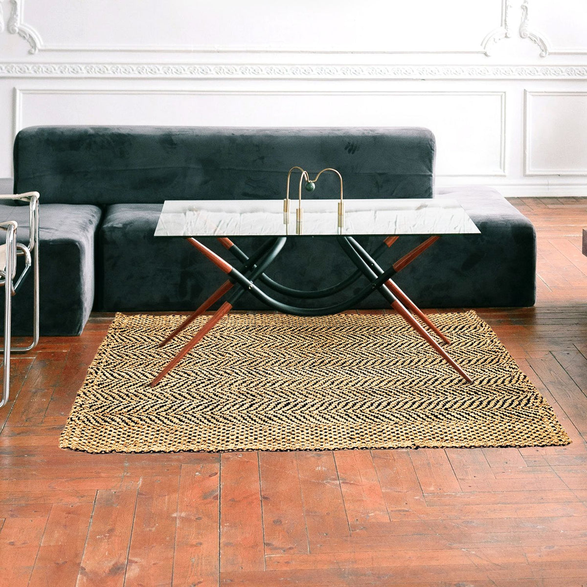 Chevron Luxe Rug - Natural and Black - Herringbone Weave - Jute Carpet