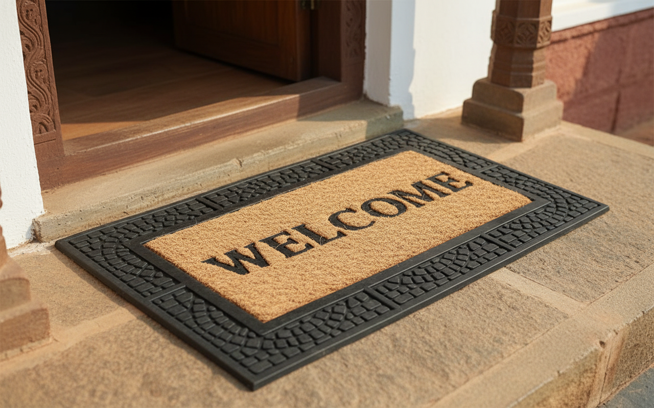 Doormat with 'WELCOME' text on a stone step