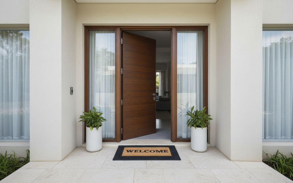 Modern house entrance with a wooden door, welcome mat, and potted plants.