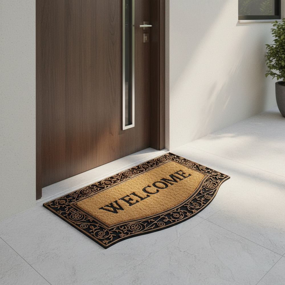 Doormat with 'WELCOME' text in front of a wooden door.