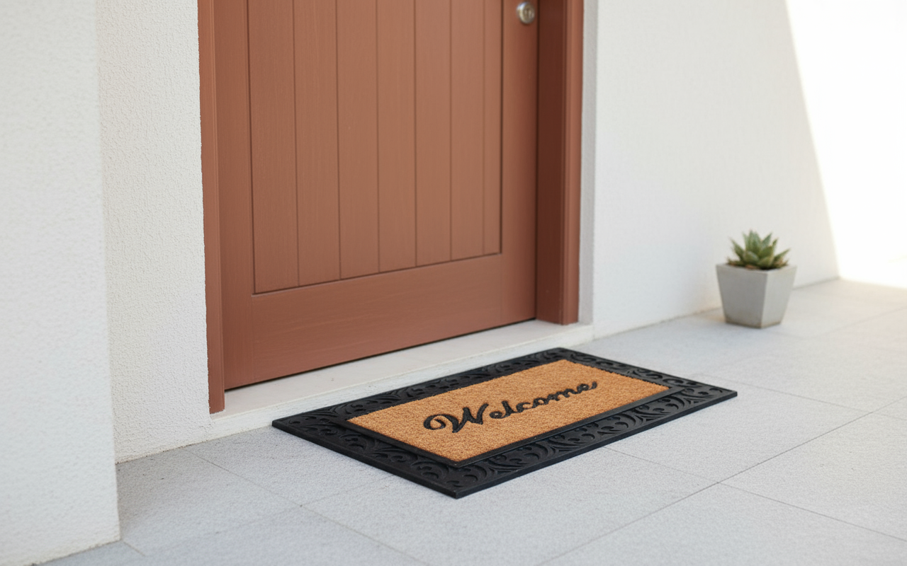 Coco Rubber Doormat with 'Welcome' text in front of a brown door.