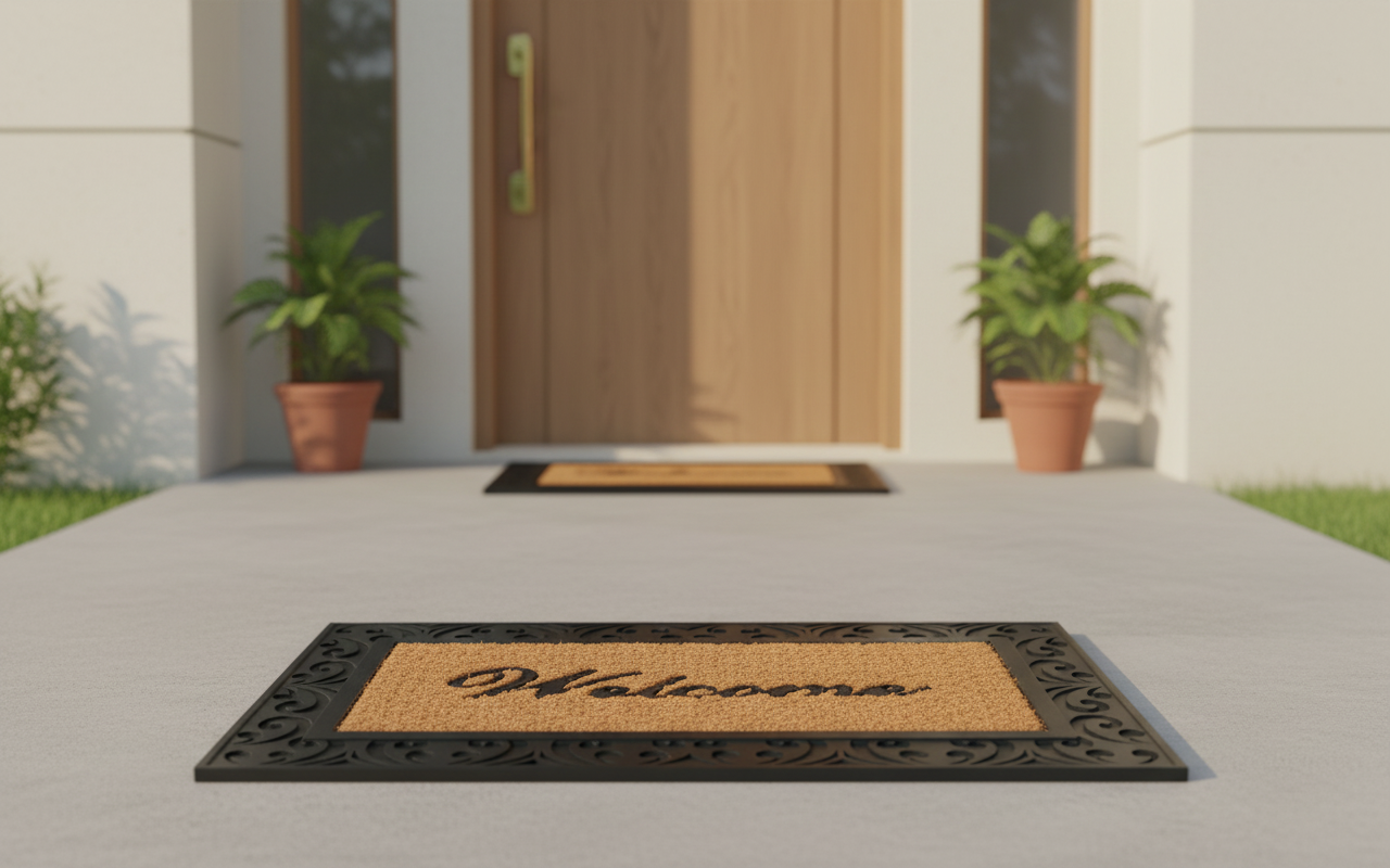 Coco Rubber Doormat with 'Welcome' text in front of a house entrance